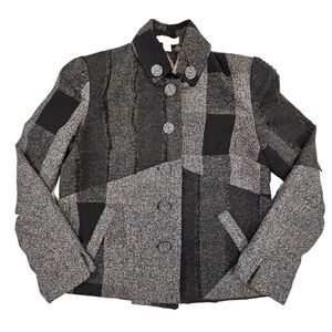 Coldwater Creek VTG Boxy Tweed Fringe Pleated Jacket Preppy Goth  Plaid Gray‎ 6